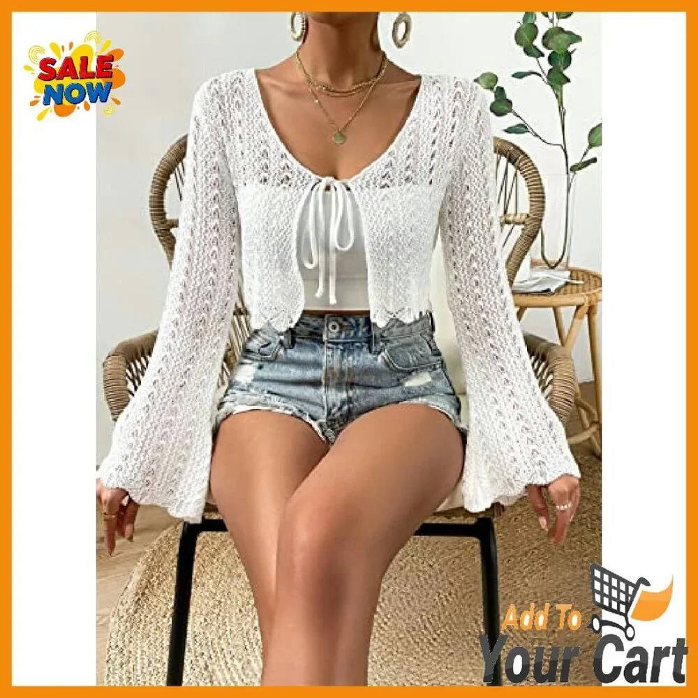 Crop Cardigan with Tie Front Trumpet Sleeves Pointelle Knit Lightweight
